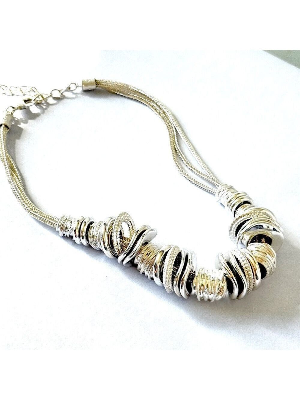 CHICO’s | Silver Stacked Sculptural Discs Modern Necklace | NWOT
